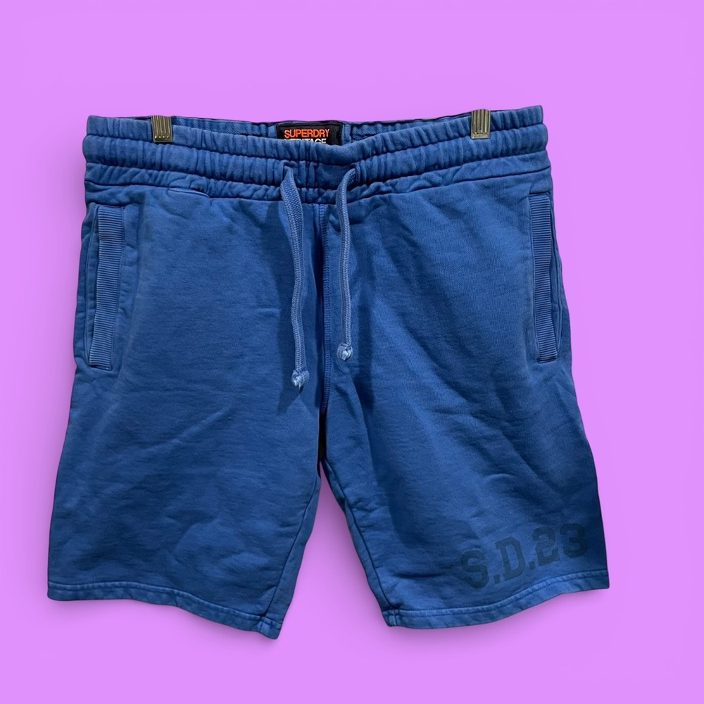 Mens Superdry heritage washed shorts thick terry royal blue pockets drawstring M